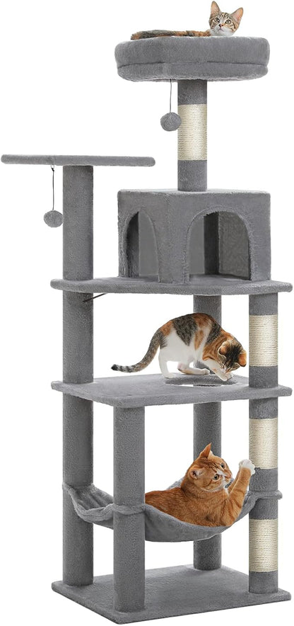 PEQULTI 56.3'' Cat Tree for Indoor Cats, Multi-Level Cat Tower with 2 Top Perch. Cat Condo, Hammock and Sisal-Covered Scratching Post, Grey