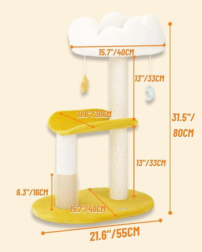 Happi N Pets Cloud Cat Tree, 31.5in Multi-Level Indoor Cat Tower with Scratching Posts, Viewing Perch, Removable & Washable Cushions, Cat Activity Tree with Dangling Toy
