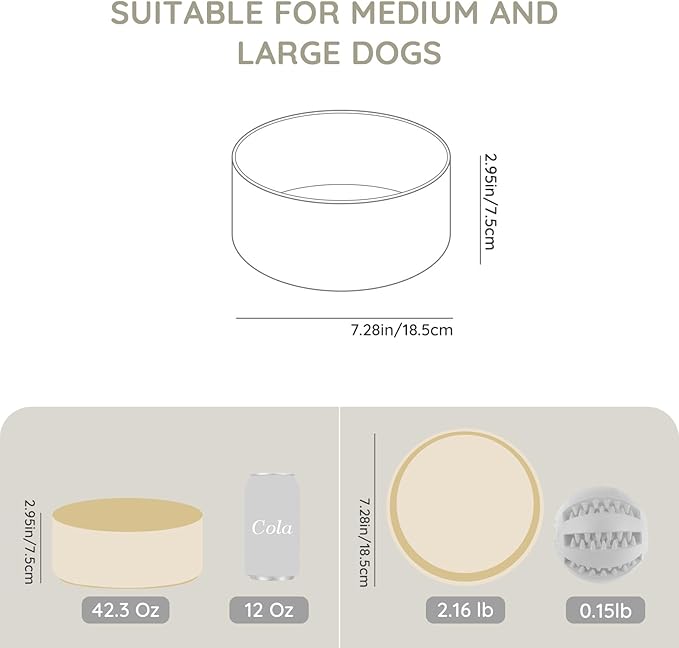 SPUNKYJUNKY 42OZ Ceramic Dog and Cat Bowl, Modern Cute Weighted Food Water Bowl for Replacement Beige (2 Pack)