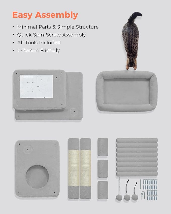 XL Cat Tower 44" Cat Tree for Large Cats 20 lbs+, 2 Spacious Condos with 3.4" Thickened Scratching Post, Large Top Perch, 2 Interactive Toys, Grey