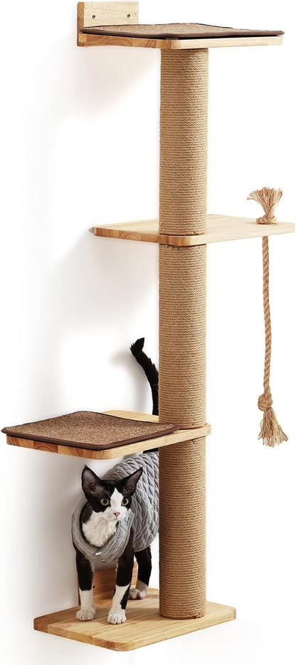 FUKUMARU Cat Scratching Activity Tree Wall Mounted, 50 Inch Cats Scratch Post, with Kitten Bed, Rubber Wood Scratcher Posts, Large