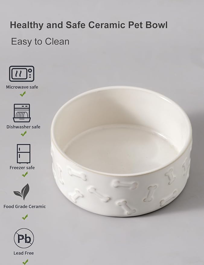 UBEE Ceramic Dog Bowl Set of 2, 6.1 inch Dog Food Bowl Dish with Bone Paw Pattern, Pet Food Water Dish Feeding for Small and Meidum Dogs and Large Cat, White