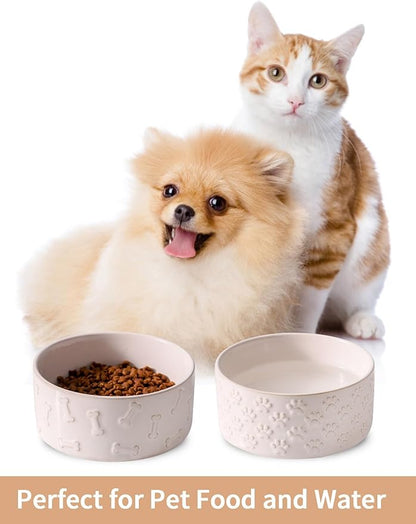 UBEE Ceramic Dog Bowl Set of 2, 5.1 inch Dog Food Bowl Dish with Bone or Paw Pattern, Pet Food Water Dish Feeding for Small Dogs and Large Cat, White