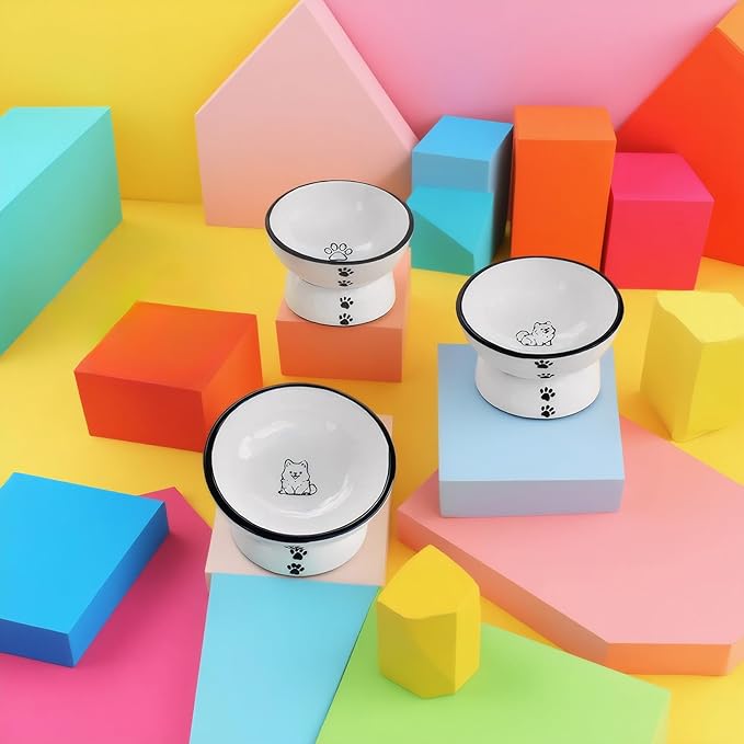 Anti-Rollover Elevated Ceramic Cat Bowls with Paw Prints for Holding Food and Water, Black Border, Suitable for Small Dogs and Pets