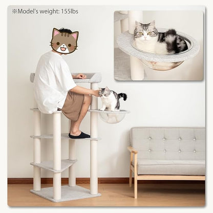Cat Tree for Indoor Cats, 53” Tall Modern Cat Tower with Acrylic Bowl Bed & Multi-Level Platforms, Stable Cat Condo for Large Cats (Light Gray)