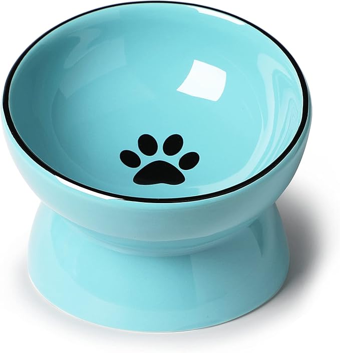 ONTUBE Ceramic Raised Cat Dishes Bowl, Pet Food Bowls,5.3 Inch 10 oz (Blue)