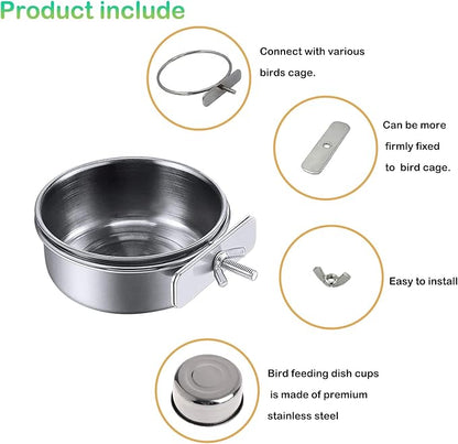 kathson Stainless Steel Bowls for Birds,4 Pcs Parrot Feeder Dish Cups,Bird Cage Water Food Bowl Coop Cup with Clamp Holder for Parrots Cockatiel Budgies Parakeet Lovebird(S)