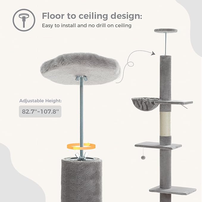 PEQULTI Cat Tree Floor to Ceiling, Tall Cat Tower, Adjustable Height (83''-108'') 5 Tiers Climbing Tree for Indoor Cats with Cat Condo, Scratching Post and Ladder, Grey