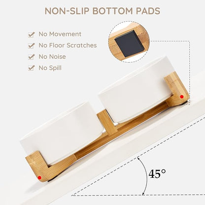 SPUNKYJUNKY Ceramic Dog and Cat Bowl Set with Wooden Stand, Modern Cute Weighted Food Water Bowl Set for Medium to Large Size Dogs (42 OZ, 2 × Black)