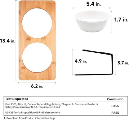 FUKUMARU Elevated Cat Ceramic Bowls, Small Dog 15° Tilted Raised Food Feeding Dishes, Solid Bamboo Water Stand Feeder Set for Cats and Puppy