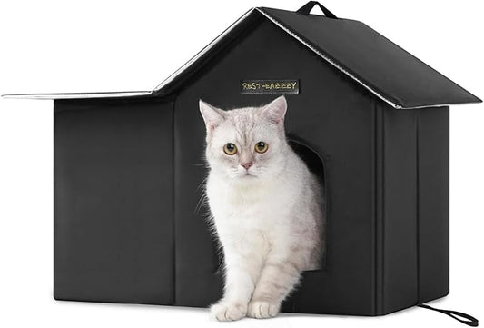 Rest-Eazzzy Outdoor Cat House, Feral Cat House Insulated with Mat and Clip, Weatherproof and Insulated, Cat Beds for Cats Kittens Puppies, Never Blow Away (Black, M 13" X 17" X 20")