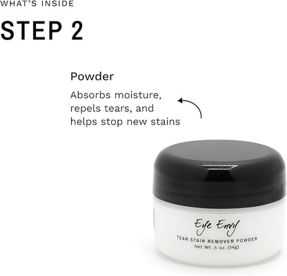 Eye Envy Dog Tear Stain Remover Starter Kit. 100% Natural, Safe. Contains: Stain Solution, Applicator Pads, and Stain Powder. Tear Stain Treatment Kit. Lasts 30-45 Days. Made in USA