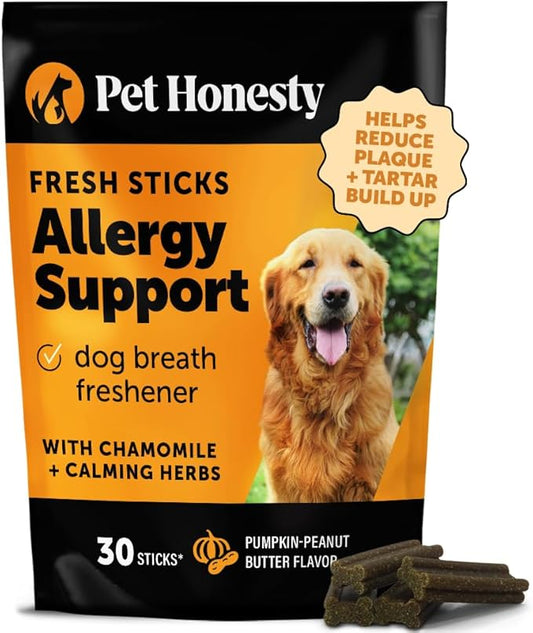 Pet Honesty Allergy Support Fresh Dental Sticks - Dental Treats for Dogs - Dental Dog Chews - Immune Health + Allergy Support for Dogs - Freshen Dog Breath, Reduce Plaque + Tartar - 30 Sticks