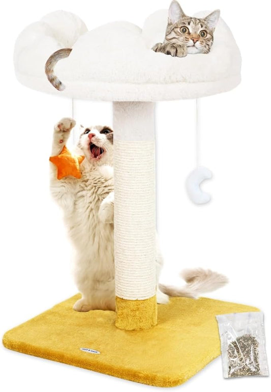 Happi N Pets 28" Large Cloud Cat Scratching Post with Bed(Ø15.3in), Cat Tree Tower for Indoor Cats, Tall Scratch Post with Natural Sisal Ropes & Soft Plush Perch, Removable Cover & Enhanced Base