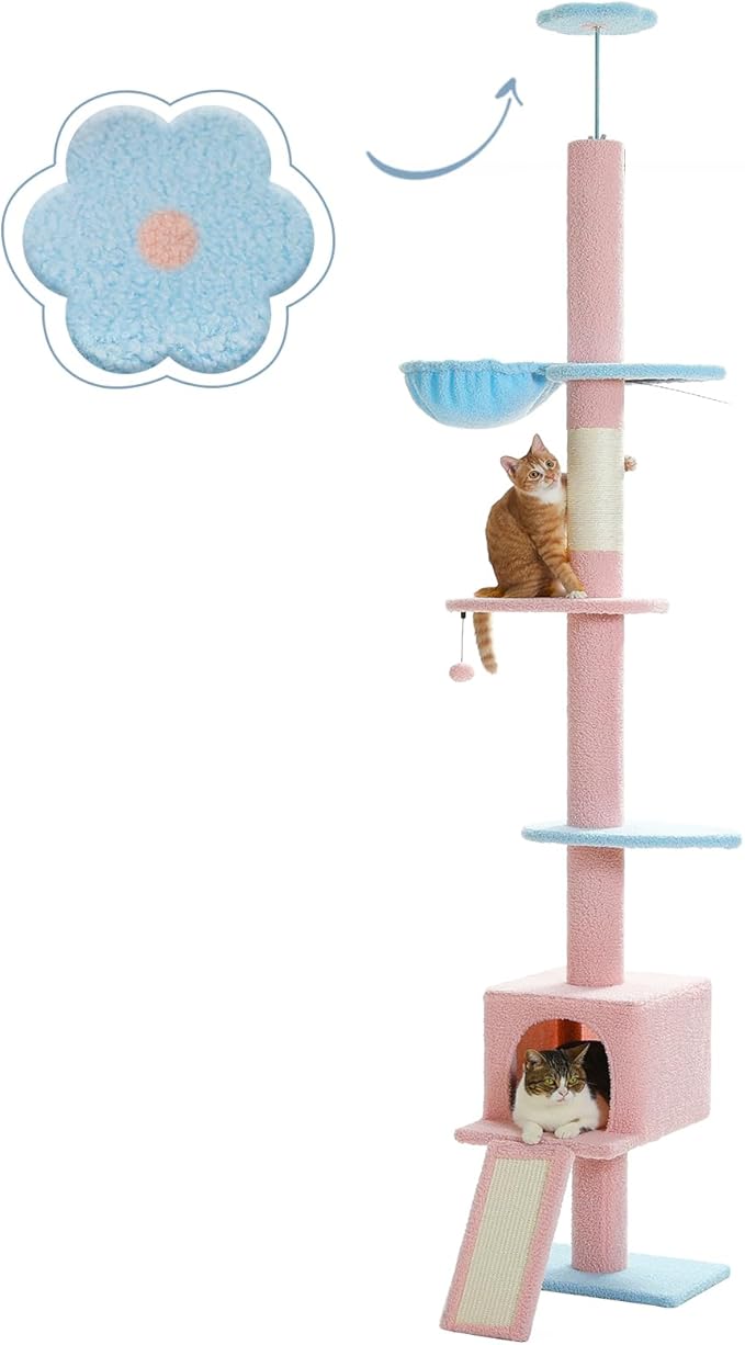 PETEPELA Floor to Ceiling Cat Tree[83"-108"], Cat Tower 5 Levels, Height Adjustable, Cat Scratching Post with Top Perches and Spacious Condo for Large Indoor Cats, Blue
