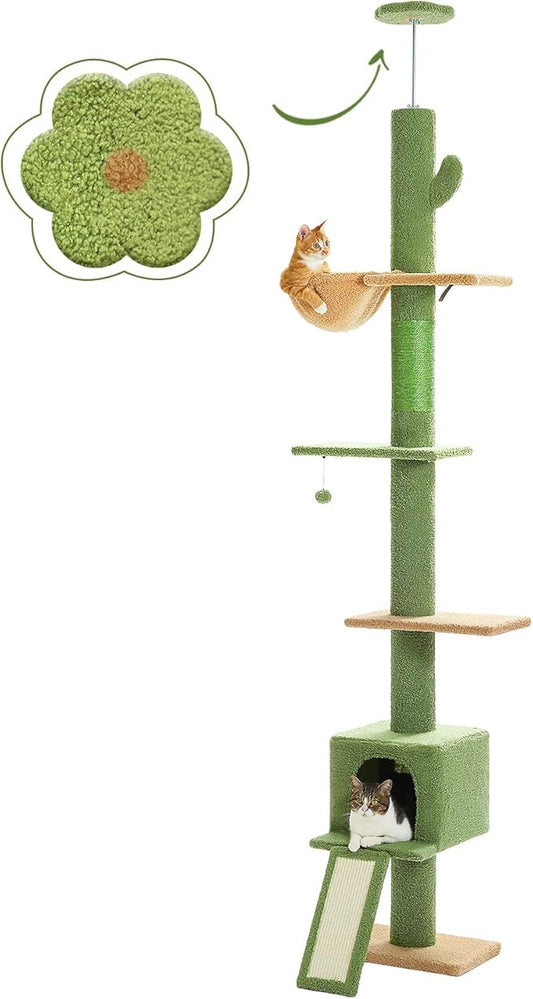 PETEPELA Floor to Ceiling Cat Tree[83"-108"], Cat Tower 5 Levels, Height Adjustable, Cat Scratching Post with Top Perches and Spacious Condo for Large Indoor Cats, Cactus Green