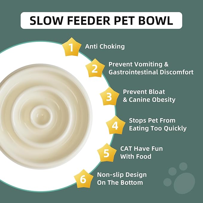 Ceramic Slow Feeder for Cats, Slow Food Bowl, Circle Shape (Bowl x 2 - Cream, 6inch)