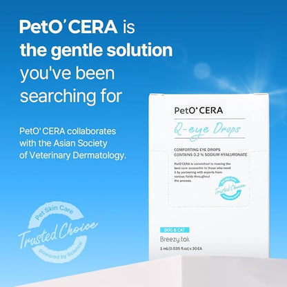 PetO’Cera Q-Eye, Lubricating Eye Drops, Daily Moisture for Dry Eyes, Gently Flushes Irritants & Tear Stains, Vet-Approved for Dogs & Cats, 1ml*30ea