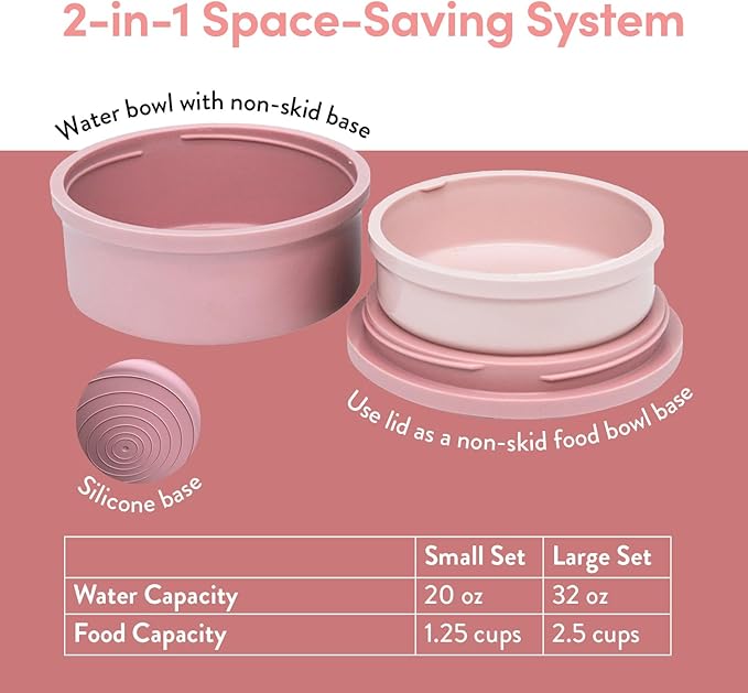 KindTail Dog Travel Bowls - Set of 2 Portable Pet Food & Water Dishes with Lid & Handle - Each Nesting Container Includes a Non-Slip Silicone Base - Microwave & Dishwasher Safe - BPA & Toxin-Free