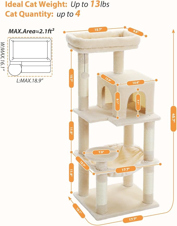 PEQULTI 45.7'' Cat Tree for Indoor Cats with Metal Frame Big Hammock, Cat Tower for Small or Medium Cats with Cat Condo House, with Scratching Posts and Top Perch, Beige