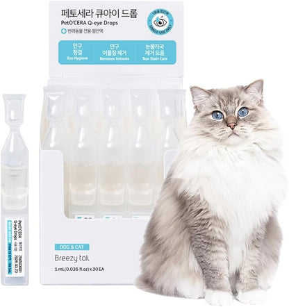 PetO’Cera Q-Eye, Lubricating Eye Drops, Daily Moisture for Dry Eyes, Gently Flushes Irritants & Tear Stains, Vet-Approved for Dogs & Cats, 1ml*30ea