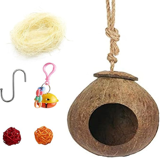 Hanging Coconut for Birds,Bird Nest for Cage Parakeet Hideaway Budgie Hut House Sleeping Toys Pet Cage Habitats Decor for Parrot Cockatiel Conure Finch