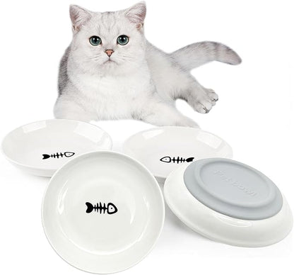 BNOSDM 4 Pcs Cat Food Bowls with Non-Slip Silicone Bottom Shallow Ceramic Cat Bowl Whisker Fatigue Pet Dry/Wet Food Dishes Set for Indoor Small Cats Kittens Kitty (Grey Silicone)