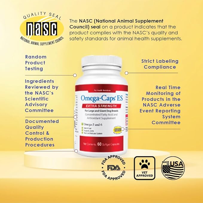 Omega Caps ES Extra Strength for Large and Giant Dogs Omega-3 and Omega-6 Fatty Acid Antioxidant Supplement Vet Formulated Made in USA Skin Coat Joint Heart and Immune Health 60 Softgel Capsules