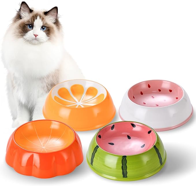 LOLYKITCH Ceramic Cat Food Bowl Set - 6 Inch Wide Shallow Bowls for Whisker Relief, Colorful & Cute - Microwave & Dishwasher Safe