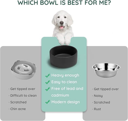 SPUNKYJUNKY 28.7OZ Ceramic Dog and Cat Bowl, Modern Cute Weighted Food Water Bowl for Replacement Black (2 Pack)