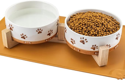 Ceramic Dog Bowls for Small and Medium Dogs, 32 OZ Dog Food and Water Bowl Set with Wooden Stand and Non-Slip Silicone Food Mat, Weighted Embossed Cute Puppy Bowls Feeding Dishes Set of 2