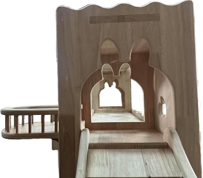 Touch&Pet Luxury Hideaway Habitat Tunnel, Large Wooden Rabbit House, Deluxe Two-Story Bunny Tower, Portable Animal Castle, Animal Furniture, Ramp for Guinea Pigs, Small Pets