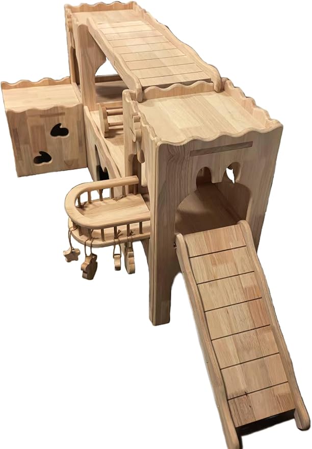 Touch&Pet Luxury Hideaway Habitat Tunnel, Large Wooden Rabbit House, Deluxe Two-Story Bunny Tower, Portable Animal Castle, Animal Furniture, Ramp for Guinea Pigs, Small Pets