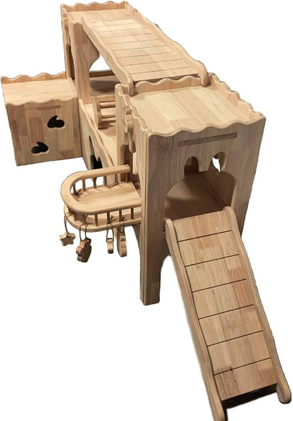 Touch&Pet Luxury Hideaway Habitat Tunnel, Large Wooden Rabbit House, Deluxe Two-Story Bunny Tower, Portable Animal Castle, Animal Furniture, Ramp for Guinea Pigs, Small Pets