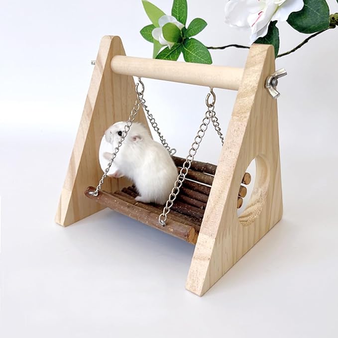 Hamster Swing Hammock, Wooden Hanging Toy for Gerbil Rat Mouse Dwarf, Small Animal Hideout for Syrian Hamster Chew Toys, Rat Cage Accessories