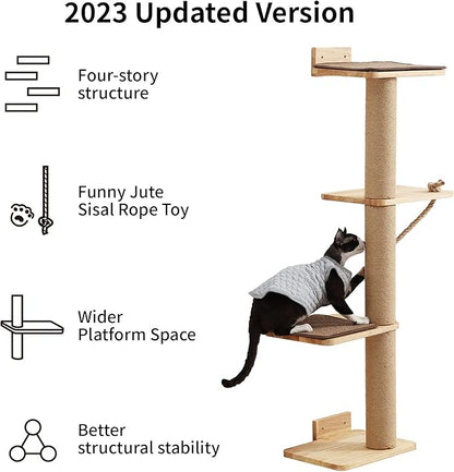 FUKUMARU Cat Scratching Activity Tree Wall Mounted, 50 Inch Cats Scratch Post, with Kitten Bed, Rubber Wood Scratcher Posts, Large