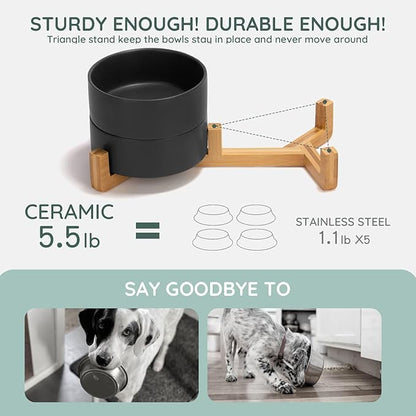 SPUNKYJUNKY Ceramic Dog and Cat Bowl Set with Wooden Stand, Modern Cute Weighted Food Water Bowl Set for Medium to Large Size Dogs (42 OZ, 2 × Black)