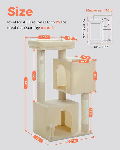 XL Cat Tree 44" Cat Tower for Large Cats 20 lbs+, 2 Spacious Caves with 3.4" Thickened Scratching Post, Large Top Perch, 2 Interactive Toys, Beige