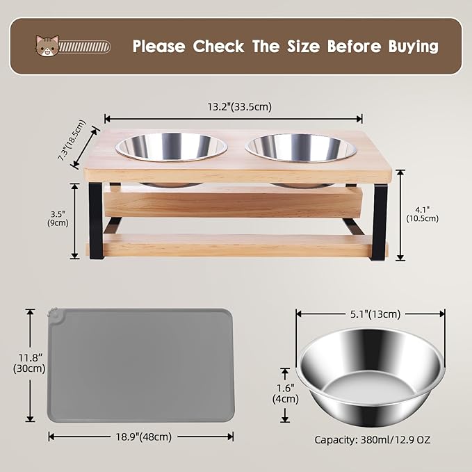 Elevated Cat Bowls with Food Mat, 15° Tilted Anti Vomiting Raised Cat Feeder for Indoor Cats and Puppy, 2 Stainless Steel Bowls for Food and Water