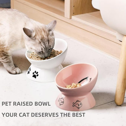 Sweejar Ceramic Raised Cat Bowls, Slanted Cat Dish Food or Water Bowls, Elevated Porcelain Pet Feeder Bowl Protect Cat's Spine, Stress Free, Backflow Prevention(White)