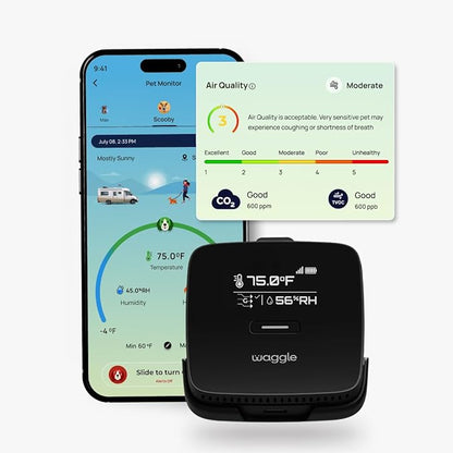 Waggle RV Pet Monitor - Real-time Temperature, Humidity, GPS Geofence Alerts | Air Quality Index | 4G Multi Carrier | Unlimited SMS, Email, App Alerts | RV Power Loss Alerts