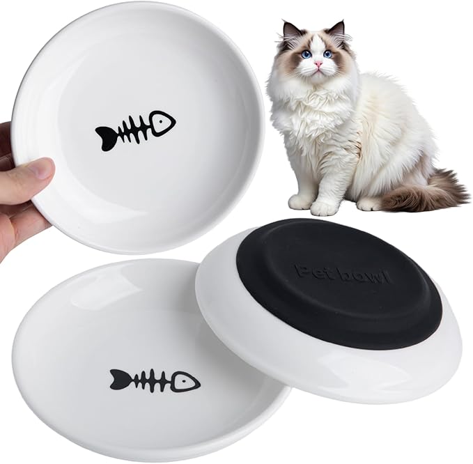 Cat Food Bowl Set of 3, Ceramic Cat Bowls, Anti Whisker Fatigue Cats Bowl Set,5.9 Inches Shallow Wide Kitten Plates with Silicone Base for Wet/Dry Food, Indoor Pets (Fish Bone)