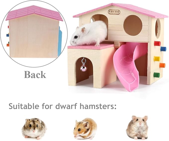 kathson Pet Small Animal Hideout Hamster House with Funny Climbing Ladder Slide Wooden Hut Play Toys Chews for Small Animals Like Dwarf Hamster and Mouse(Pink)