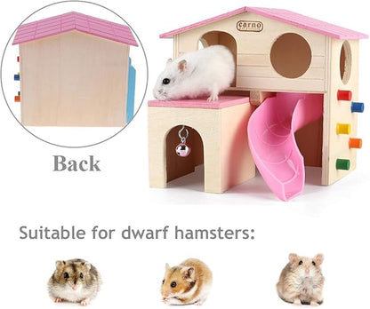 kathson Pet Small Animal Hideout Hamster House with Funny Climbing Ladder Slide Wooden Hut Play Toys Chews for Small Animals Like Dwarf Hamster and Mouse(Pink)