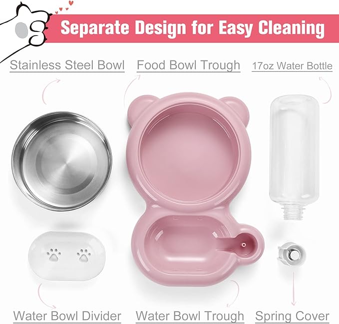 Dog Bowls, Cat Food and Water Bowl Set with Water Dispenser and Stainless Steel Bowl for Cats and Small Dogs - Pink