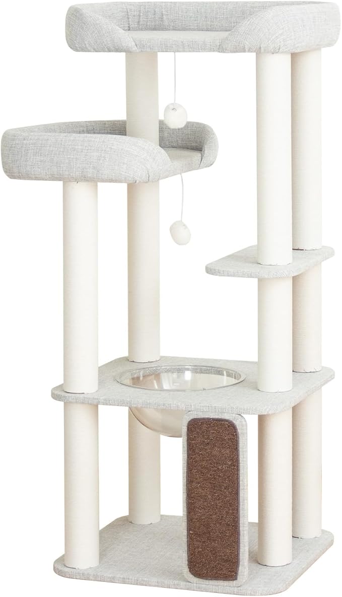 Wooden Cat Tree Tower for Indoor Cats 53'', Modern Natural Wood Cat Furniture with Cozy Beds, Scratching Post and Clear Hammock for Kittens and Adult Cats (Gray)