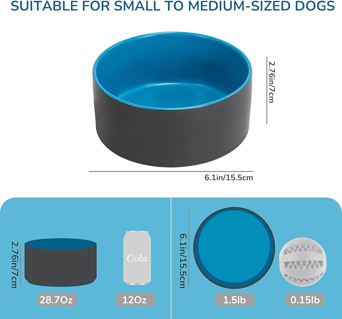 SPUNKYJUNKY 28.7OZ Ceramic Dog and Cat Bowl, Modern Cute Weighted Food Water Bowl for Replacement Blue-Grey (2 Pack)