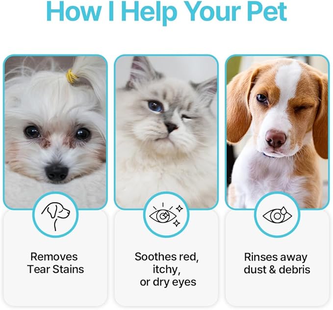 PetO’Cera Q-Eye, Lubricating Eye Drops, Daily Moisture for Dry Eyes, Gently Flushes Irritants & Tear Stains, Vet-Approved for Dogs & Cats, 1ml*30ea