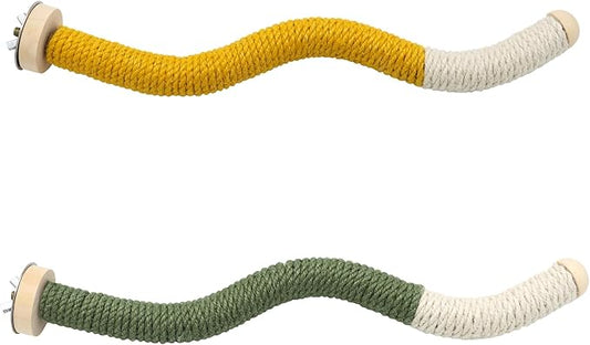 11 x 0.9 inch Bird Perch Parrot Stand Cage Accessories Natural Wooden Stick Paw Grinding Rope-surfaced Chew Toy Standing Rod for Exercise Training Branches (Curved-Yellow+Green)