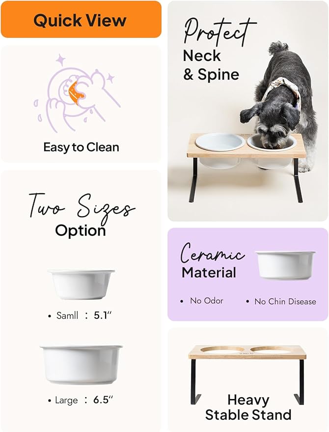 Elevated Dog Bowls, Raised Dog Bowl Stand with Two 6.5 inch Ceramic Bowl, Non-Slip Puppy Food and Water Bowls, Dogs Feeder for Small and Medium Breed, White